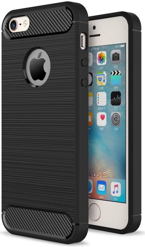 Geborsteld TPU Hoesje Geschikt voor Apple iPhone SE / 5S / 5 | Beschermhoes | Back Cover | Flexibel TPU | Stijlvol Carbon | Dun | Zwart
