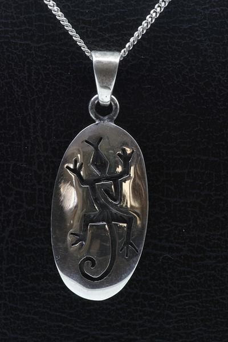 Zilveren Indiaan Hagedis ovaal hopi style ketting hanger