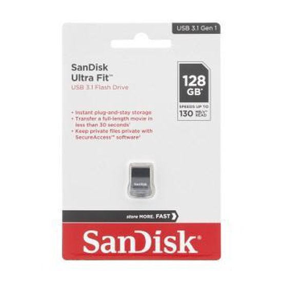 SANDISK Ultra Fit 128 GB - Compacte mini USB-stick - USB 3.1 A - Zwart