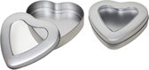 2x Zilveren hartjes opbergblikken/bewaarblikken 13 cm met venster - Cadeauverpakking zilveren voorraadblikken