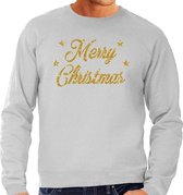 Foute Kersttrui / sweater - Merry Christmas - goud / glitter - grijs - heren - kerstkleding / kerst outfit L (52)