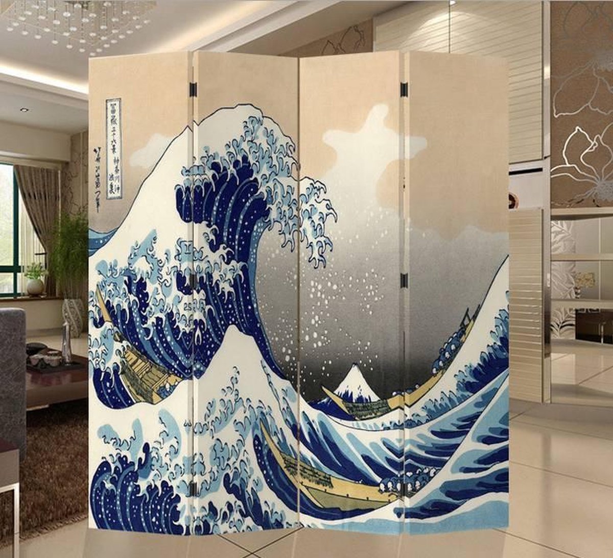 Fine Asianliving Japans Kamerscherm Oosters Scheidingswand B160xH180cm 4 Panelen Kanagawa Nami