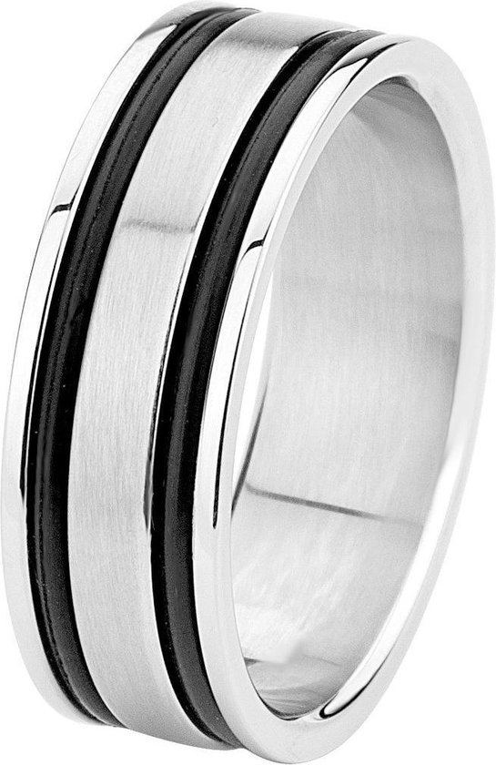 Lucardi Heren Ring met zwarte accenten - Ring - Cadeau - Vaderdag - Staal - Zilverkleurig