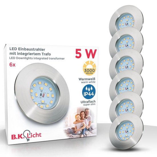 B.K.Licht - Inbouwspots badkamer - LED - stuks - IP44 - Ø7.5cm - 3.000K - 400Lm - 5W LED - nikkel