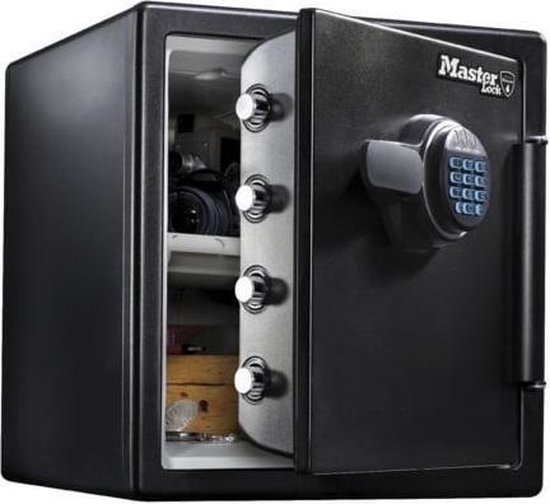 Zwarte Master Lock kluis met digitaal cijferslot, open met spullen erin.