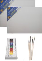 Set de peinture pour peintres de 12x tubes de peinture acrylique/peinture pour passe-temps 12 ml + 2x toiles de 40 x 60 cm + 5x pinceaux - couleurs de base dans des tubes souples