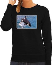 Dieren sweater met orka walvissen foto - zwart - voor dames - natuur / orka cadeau trui - kleding / sweat shirt S