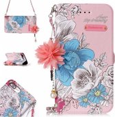 Voor iPhone 7 Plus & 8 Plus Roze Achtergrond Blauwe Roos Patroon Horizontale Flip Leren Case met Houder & Kaartsleuven & Parel Bloem Ornament & Ketting