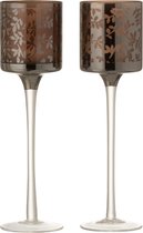 J-Line Theelichthouder Op Voet Blaadjes Glas Bruin/Zilver Small Assortiment Van 2