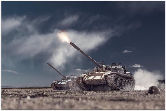 Poster – Tanks in Actie bij Donkere Lucht - 120x80cm Foto op Posterpapier