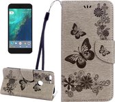 Voor Google Pixel XL vlinders Embossing horizontale flip lederen tas met houder & kaartsleuven & portemonnee & lanyard (grijs)