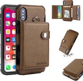 Voor iPhone XS schokbestendige pc + TPU-beschermhoes, met kaartsleuven en portemonnee en fotolijst en lanyard (donkerbruin)