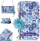 Voor Galaxy A3 (2017) Blauw en wit porseleinpatroon Horizontale flip lederen tas met houder & kaartsleuven & parelbloem Ornament & ketting