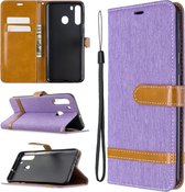 Voor Galaxy A21 Kleuraanpassing Denim Texture Horizontaal Flip Leather Case met houder & kaartsleuven & Wallet & Lanyard (paars)