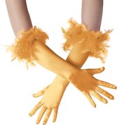 dressforfun - Lange satijnen handschoenen met veren goud - verkleedkleding kostuum halloween verkleden feestkleding carnavalskleding carnaval feestkledij partykleding - 304591
