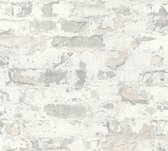 Steen tegel behang Profhome 369293-GU vliesbehang glad met vogel patroon mat grijs wit 5,33 m2
