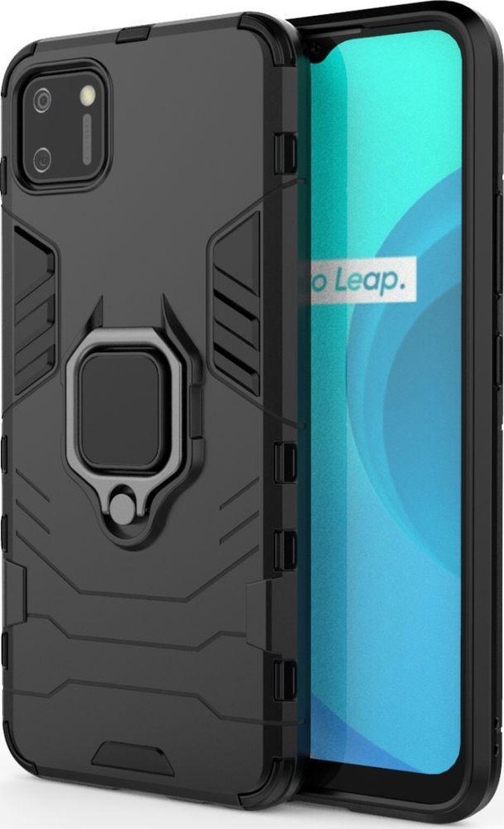 Mobigear Hoesje geschikt voor Realme C11 (2020) Telefoonhoesje Hardcase | Mobigear Armor Ring Backcover Shockproof met Ringhouder | Schokbestendig C11 (2020) Telefoonhoesje | Anti Shock Proof - Zwart