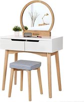 Trend24 Kaptafel - Make up tafel - Kaptafel met spiegel - Inclusief krukje - MDF - 80 x 40 x 128 cm - Wit - Bruin