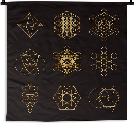 Wandkleed Goud Geverfd - Gouden geometrische vormen op een zwarte achtergrond Wandkleed katoen 90x90 cm - Wandtapijt met foto