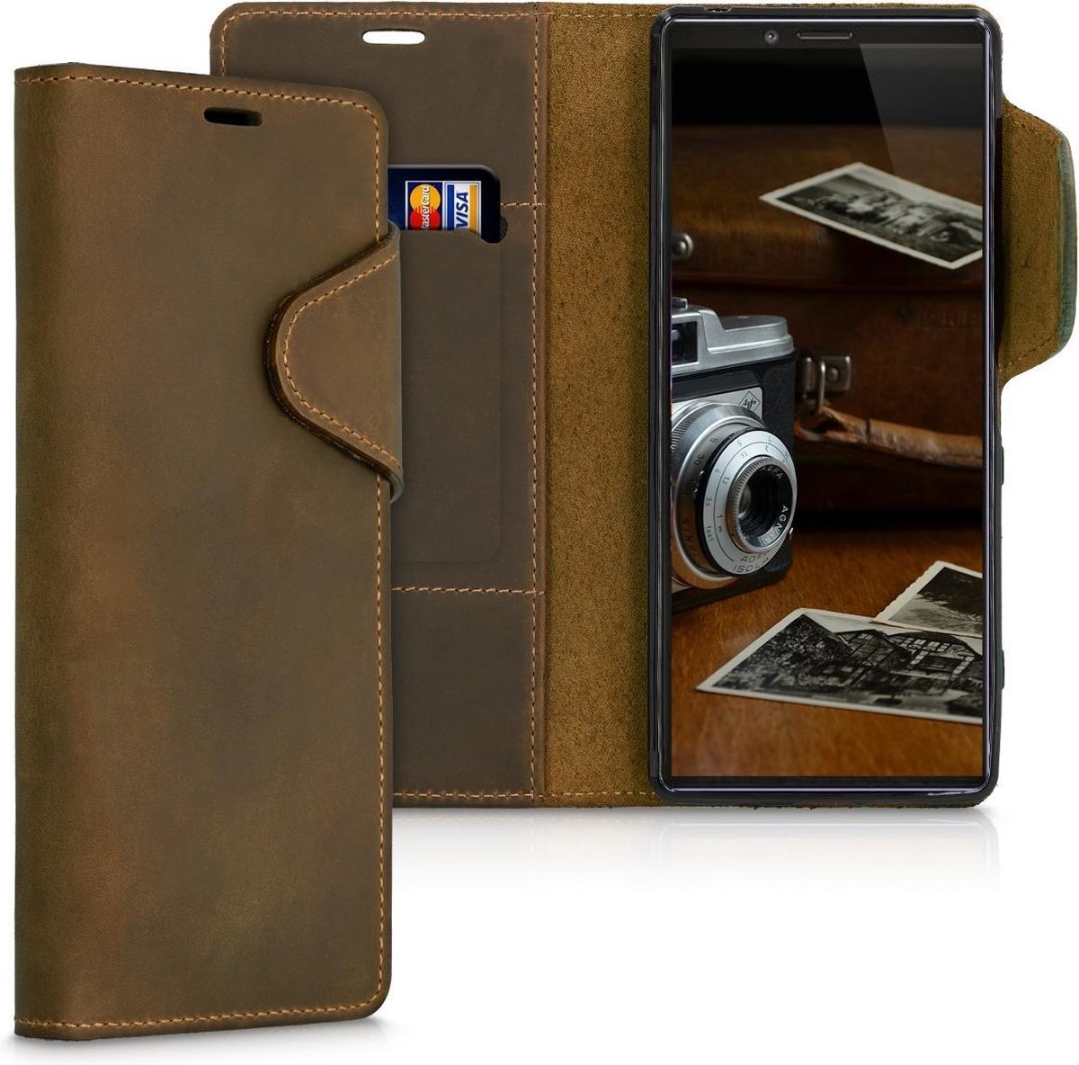 kalibri telefoonhoesje voor Sony Xperia 1 - Hoesje met pasjeshouder en standaard - bruin - Wallet case
