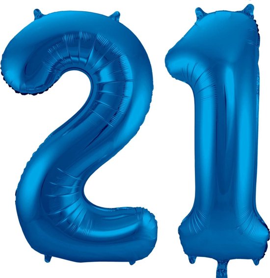 Ballon Cijfer 21 Jaar Blauw 70Cm Verjaardag Feestversiering Met Rietje