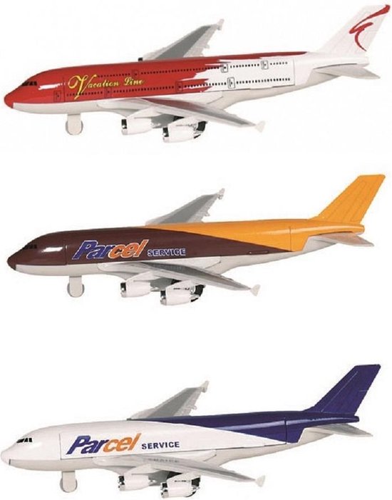 Speelgoed vliegtuigen setje van 3 stuks bruin, rood en wit/blauw 19 cm - Vliegveld spelen voor kinderen