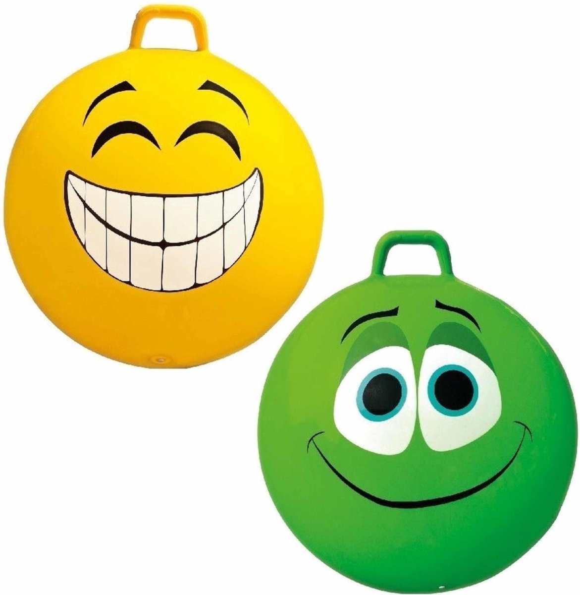 2x stuks speelgoed Skippyballen met funny faces gezicht geel en groen 65 cm Buitenspeelgoed