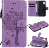 Voor Samsung Galaxy M01 Tree & Cat Pattern Pressed Printing Horizontale Flip PU lederen tas met houder & kaartsleuven & portemonnee & lanyard (lichtpaars)