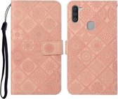 Voor Samsung Galaxy M11 etnische stijl reliëf patroon horizontale flip lederen tas met houder & kaartsleuven & portemonnee & lanyard (roze)