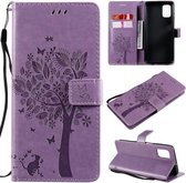 Voor Samsung Galaxy M51 Tree & Cat Pattern Pressed Printing Horizontale Flip PU lederen tas met houder & kaartsleuven & portemonnee & lanyard (lichtpaars)