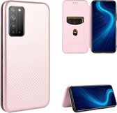 Voor Huawei Honor X10 5G Carbon Fiber Texture Magnetische Horizontale Flip TPU + PC + PU Leather Case met Card Slot (Pink)