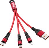 ENKAY ENK-CB400 3-in-1 2.4A USB naar 8-pins + Micro USB + USB-C / Type-C Mini draagbare stoffen textuur ronde kabel oplaadkabel, lengte: 14 cm (rood)