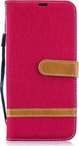 Kleurafstemming Denim Texture Leather Case voor Galaxy A50, met houder & kaartsleuven & portemonnee & lanyard (rood)