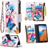 Voor xiaomi redmi 7a gekleurde tekening patroon rits horizontale flip lederen case met houder & kaartsleuven & portemonnee (twee vlinders)