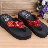 Pailletten slippers met sleehak en slippers, maat: 37 (pailletten rood)