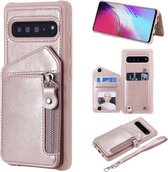 Voor Galaxy S10 5G dubbele gespen rits schokbestendige achterkant beschermhoes met houder & kaartsleuven & portemonnee & lanyard & fotolijsten (rose goud)