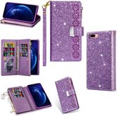 Voor iPhone 8 Plus / 7 Plus Multi-kaartsleuven Sterrenhemel Lasergravure Glitter Rits Horizontale Flip Leren Case met Houder & Portemonnee & Lanyard (Paars)