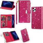 Voor iPhone 11 Pro Multi-kaartsleuven Sterrenhemel Lasergravure Glitter Rits Horizontale Flip Leren Case met Houder & Portemonnee & Lanyard (Rose Rood)