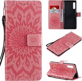 Voor LG G9 Geperst Afdrukken Zonnebloem Patroon Horizontale Flip PU Lederen Case Houder & Kaartsleuven & Portemonnee & Lanyard (Roze)