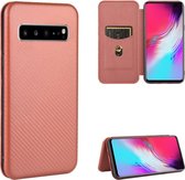 Voor Samsung Galaxy S10 5G Koolstofvezel Textuur Magnetische Horizontale Flip TPU + PC + PU Leren Case met Touw & Kaartsleuf (Bruin)