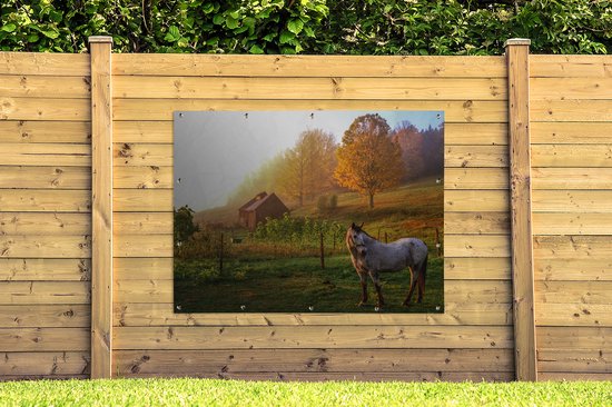 Muurdecoratie buiten Grasveld met paard in Vermont - 160x120 cm - Tuindoek - Buitenposter
