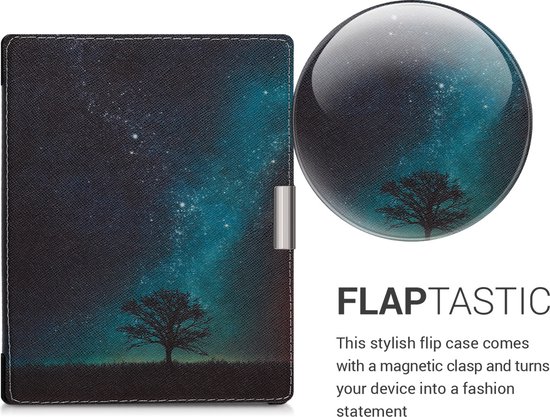 kwmobile e-reader hoesje geschikt voor Kobo Aura Edition 1 hoes - E reader flip case met magnetische sluiting - Ereader cover - Sterrenstelsel en Boom design in blauw / grijs / zwart van Merkloos — afbeelding 5