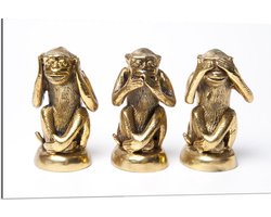 Dibond - Gouden Horen/Zien/Zwijgen Apen - 90x60cm Foto op Aluminium (Wanddecoratie van metaal)