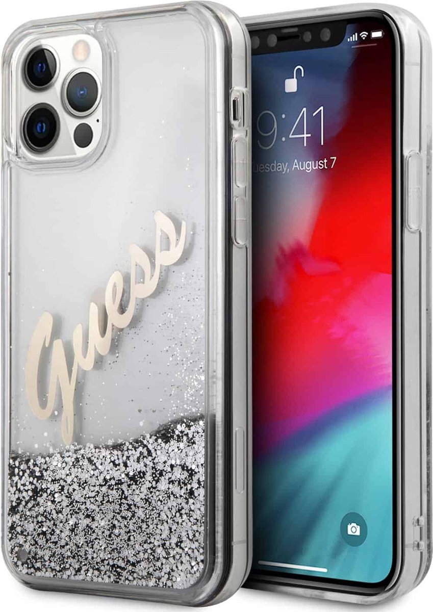 Guess Liquid Glitter Vintage Backcase hoesje iPhone 12 Pro Max Zilver
