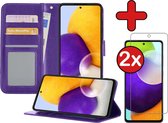 Samsung A52 Hoesje Book Case Met 2x Screenprotector - Samsung Galaxy A52 Hoesje Wallet Case Portemonnee Hoes Cover - Paars