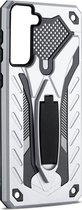 Mobigear Hoesje geschikt voor Samsung Galaxy S21 Telefoonhoesje Hardcase | Mobigear Armor Stand Backcover Shockproof met Standaard | Schokbestendig Galaxy S21 Telefoonhoesje | Anti Shock Proof - Zilver