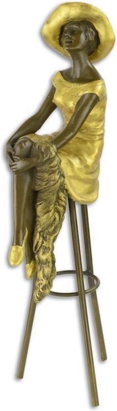 Beeldje - brons - vrouw op barkruk - 28.2cm hoog