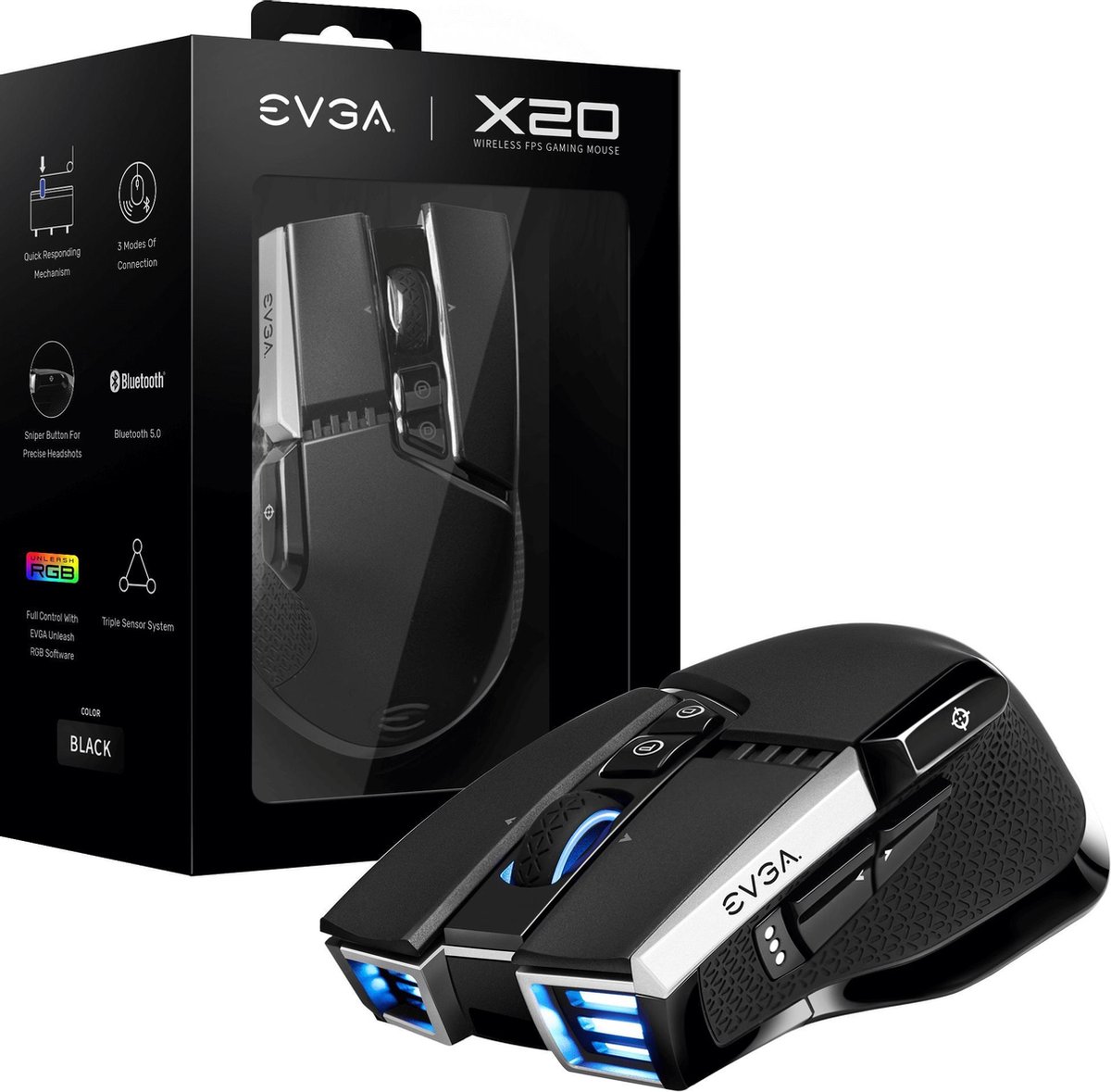 EVGA X20 muis Ambidextrous RF Wireless + Bluetooth + USB Type-A Optisch 16000 DPI