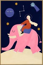 JUNIQE - Poster met kunststof lijst Elephant Ride -20x30 /Blauw & Roze