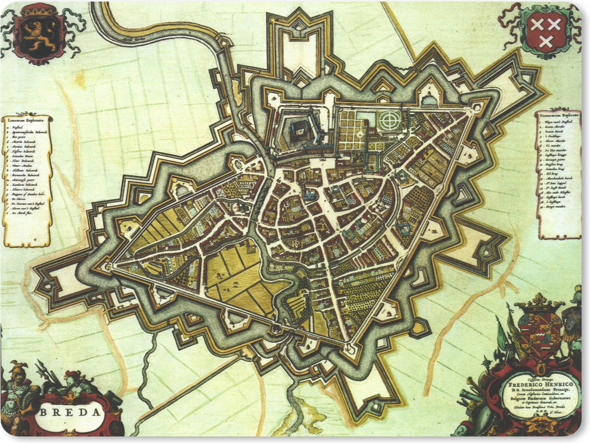 Muismat Historische stadskaarten - Kleurrijke historische stadskaart van Breda muismat rubber - 23x19 cm - Muismat met foto